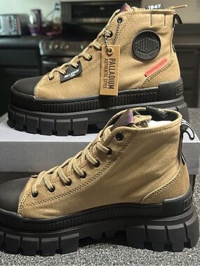Palladium Tan Canvas Lug-Sole High Top Boots with Black Accents